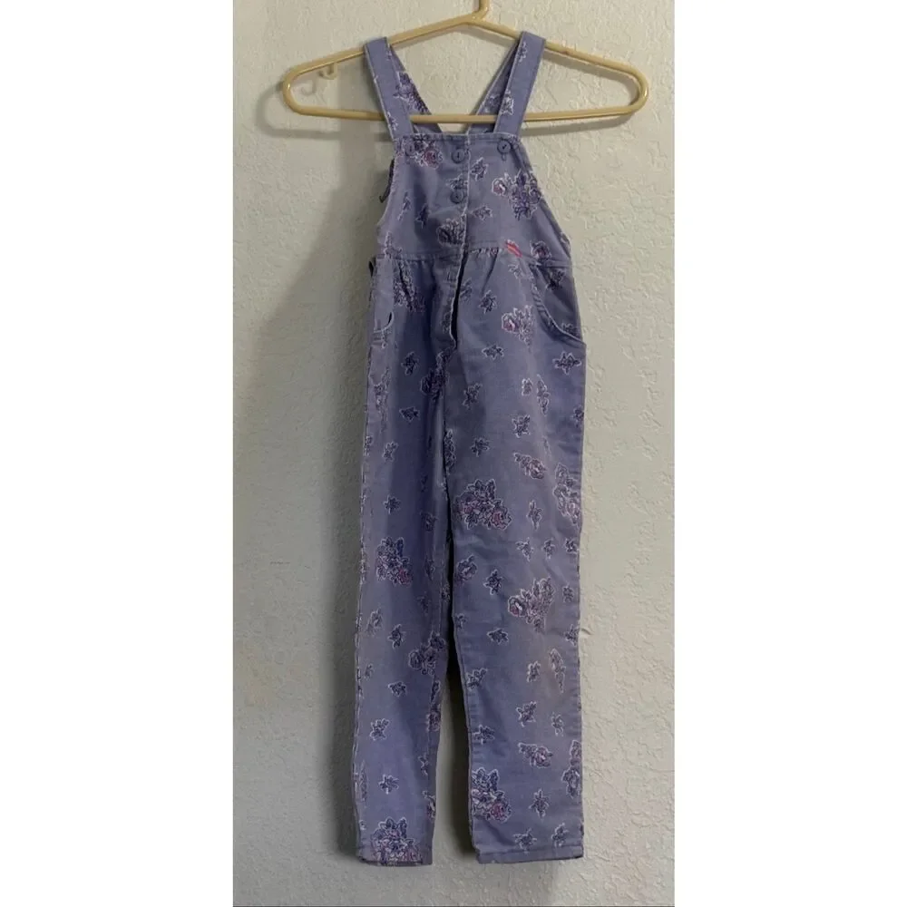 Vintage OshKosh Bgosh Girls Lavender Floral Corduroy Overalls Made in USA 6